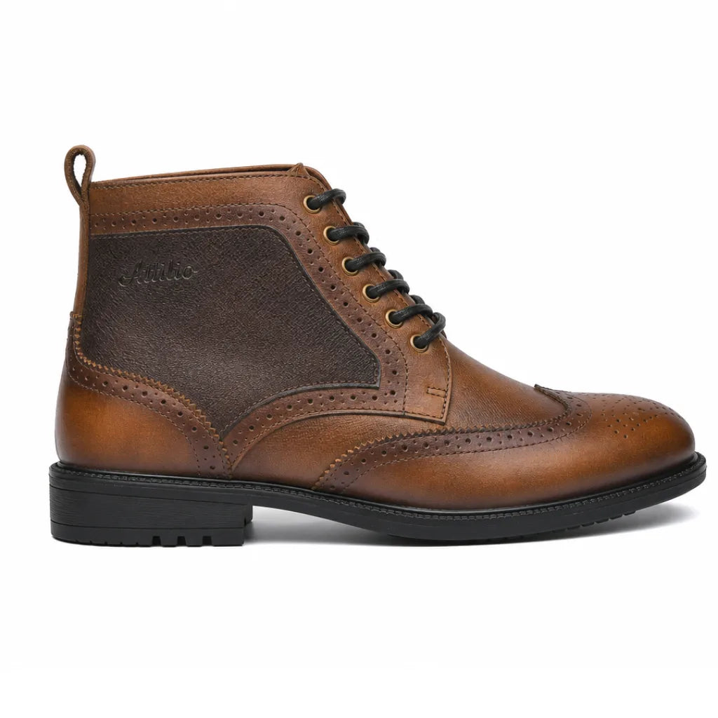 Burnished Leather Wingtip Boots with Grippy Outsole 1