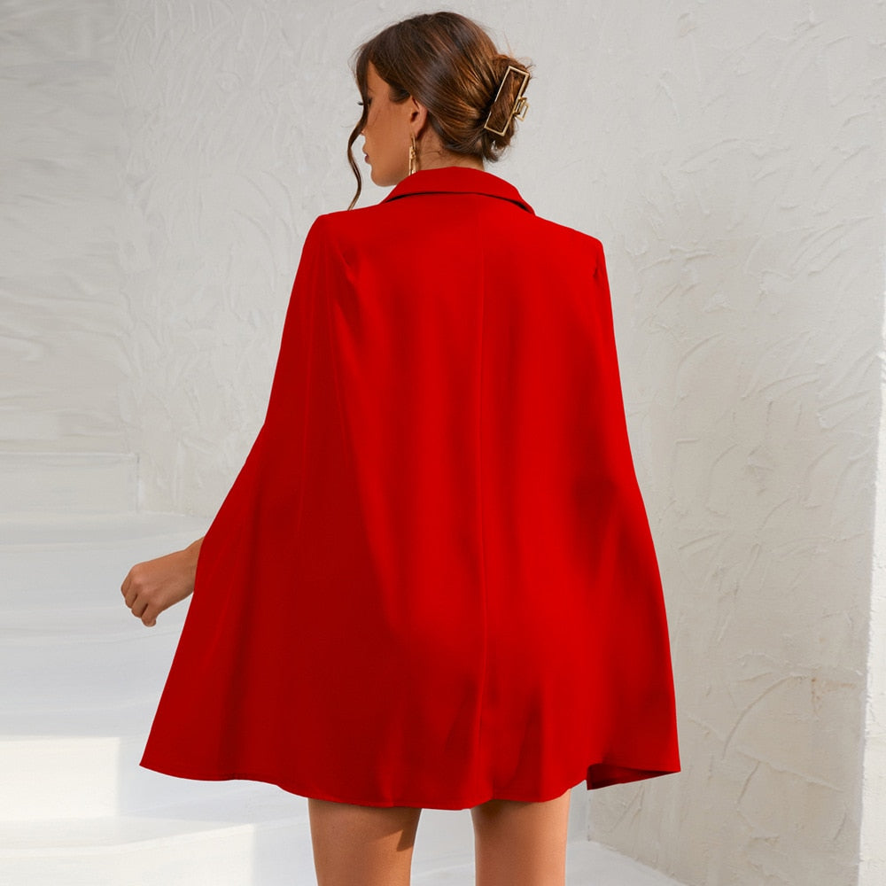Double-Breasted Belted Cape Dress