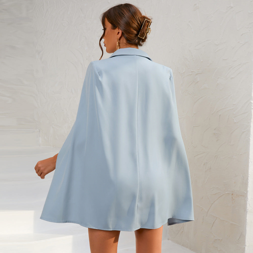 Double-Breasted Belted Cape Dress