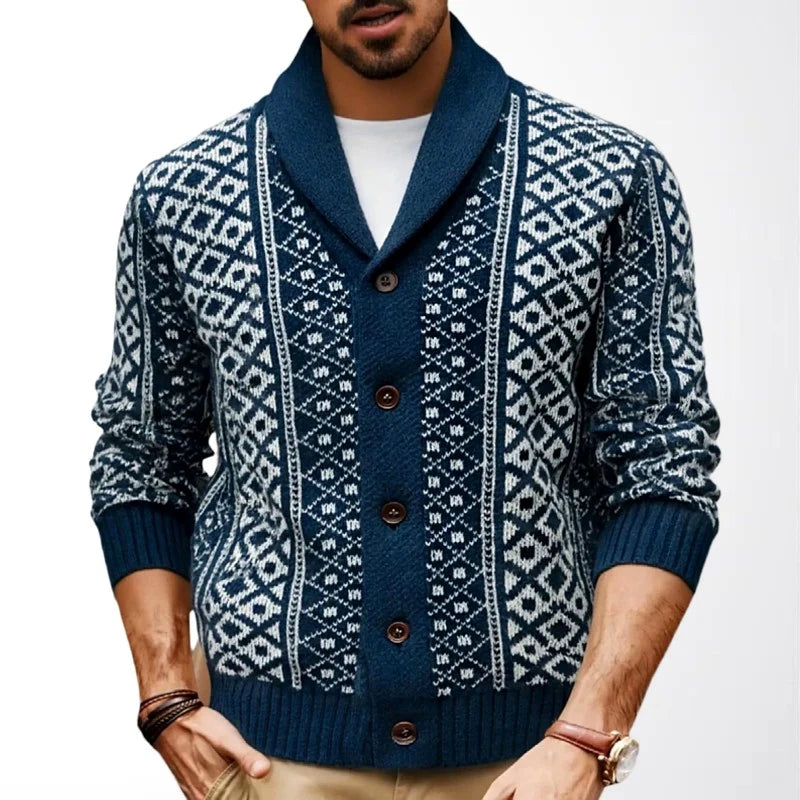 Men's Argyle Shawl Collar Knit Cardigan with Button Closure 0