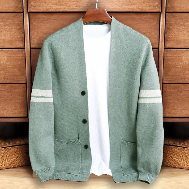 Men’s Button-Up Knit Cardigan with Stripe Sleeve Detail 0