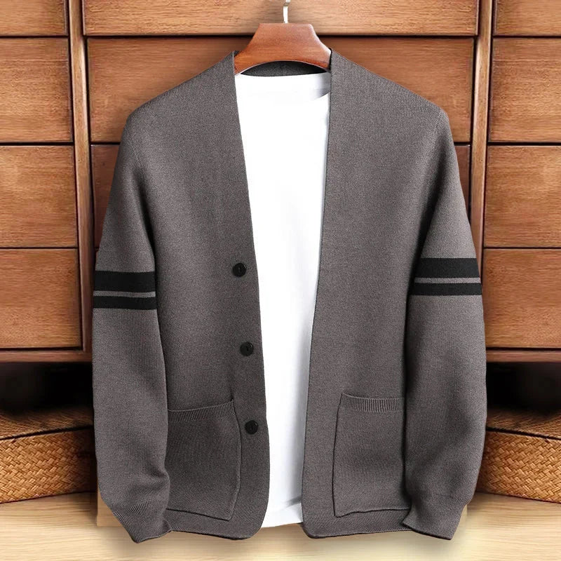 Men’s Button-Up Knit Cardigan with Stripe Sleeve Detail 2