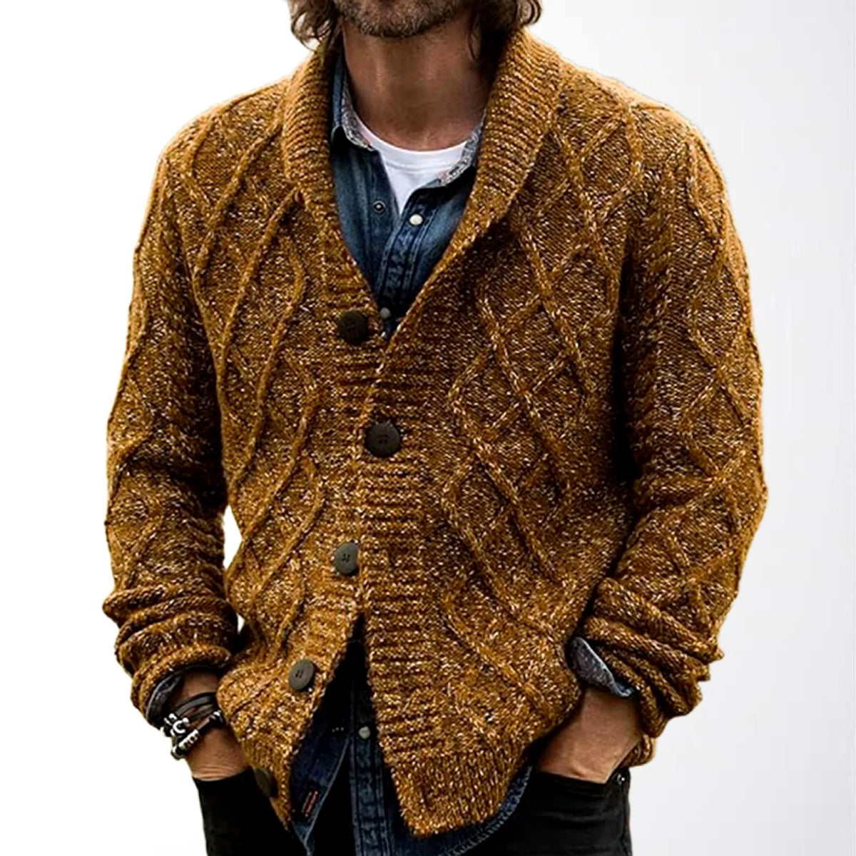 Men's Cable Knit Shawl Collar Cardigan with Button Front 0