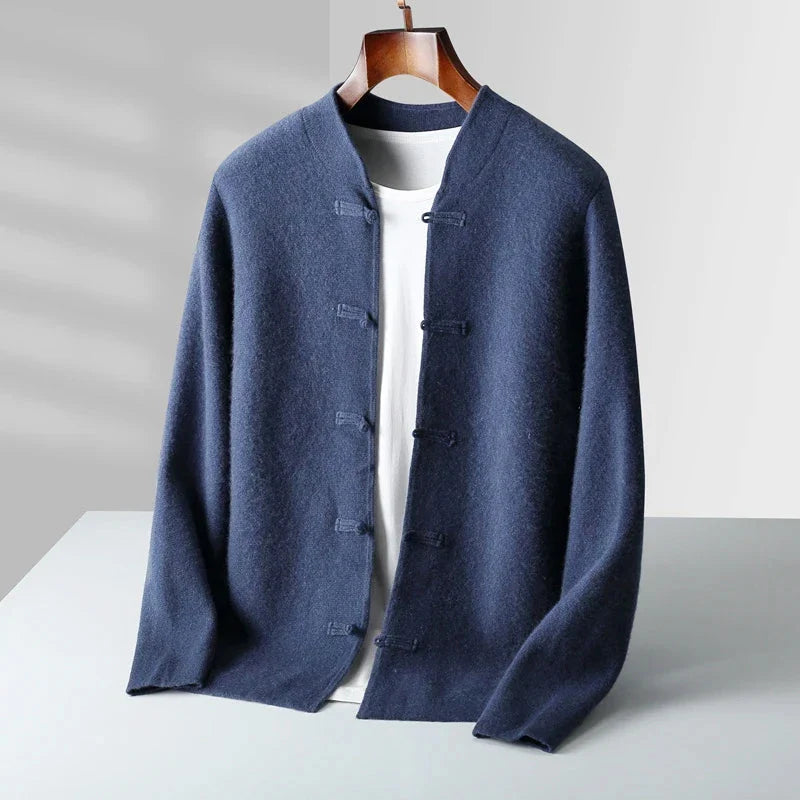Men's Cashmere Blend Mandarin Collar Cardigan with Frog Closures 2