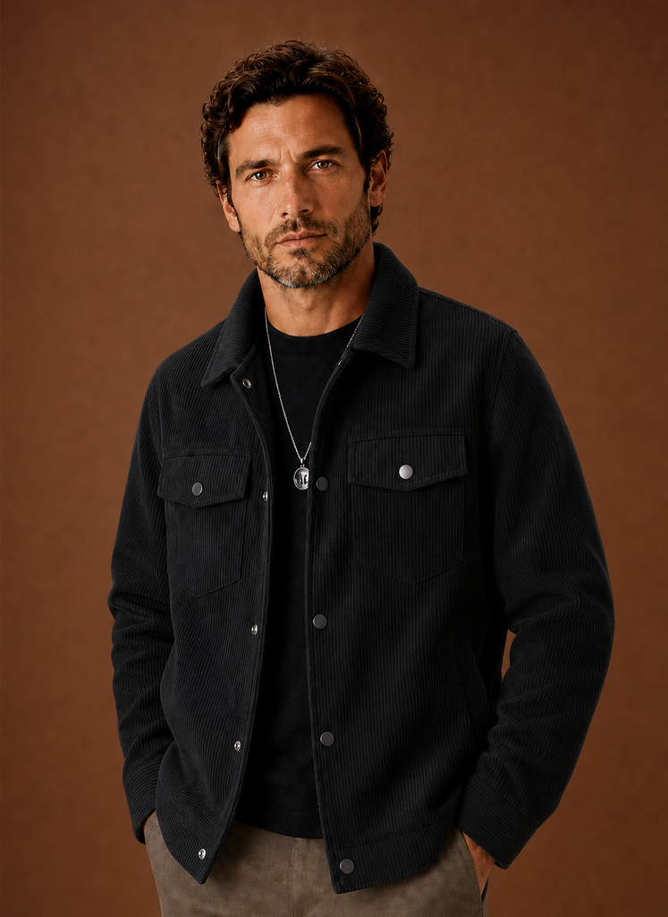 Men's corduroy button-front jacket featuring chest pockets, ideal for casual wear, showcasing a stylish design and comfortable fit. 0