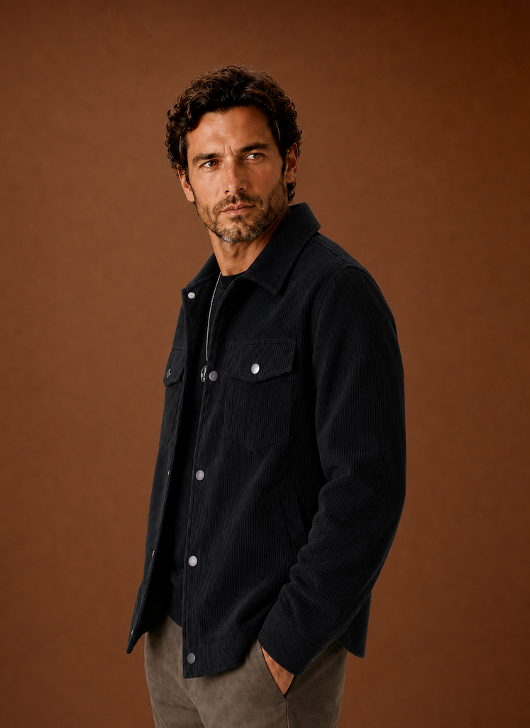 Men's corduroy button-front jacket featuring chest pockets, ideal for casual wear, showcasing a stylish design and comfortable fit. 1