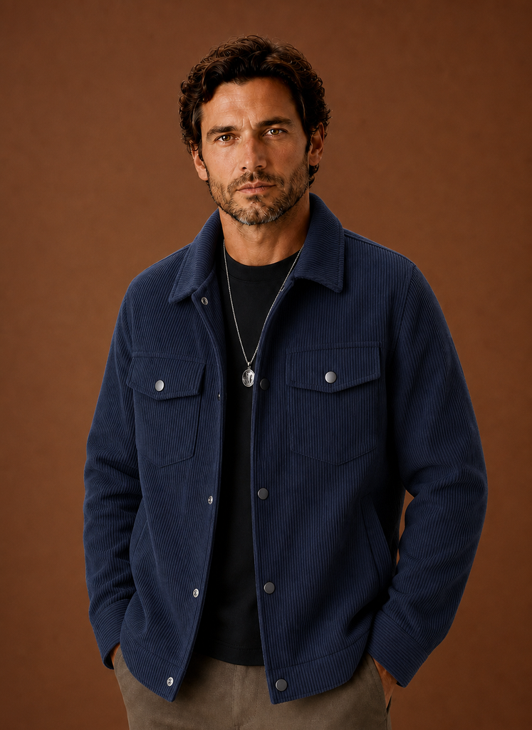 Men's corduroy button-front jacket featuring chest pockets, ideal for casual wear, showcasing a stylish design and comfortable fit. 4