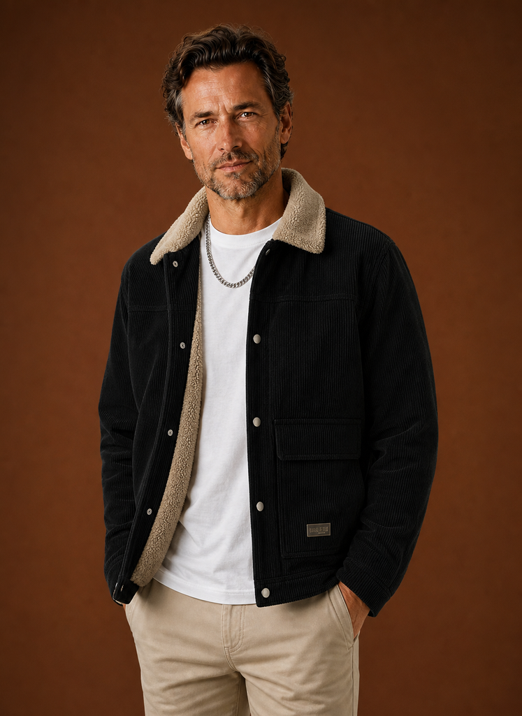 Men's corduroy jacket lined with soft sherpa, perfect for keeping warm in cold weather, featuring a stylish design and practical pockets. 0