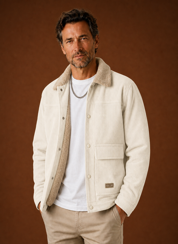 Men's corduroy jacket lined with soft sherpa, perfect for keeping warm in cold weather, featuring a stylish design and practical pockets. 2