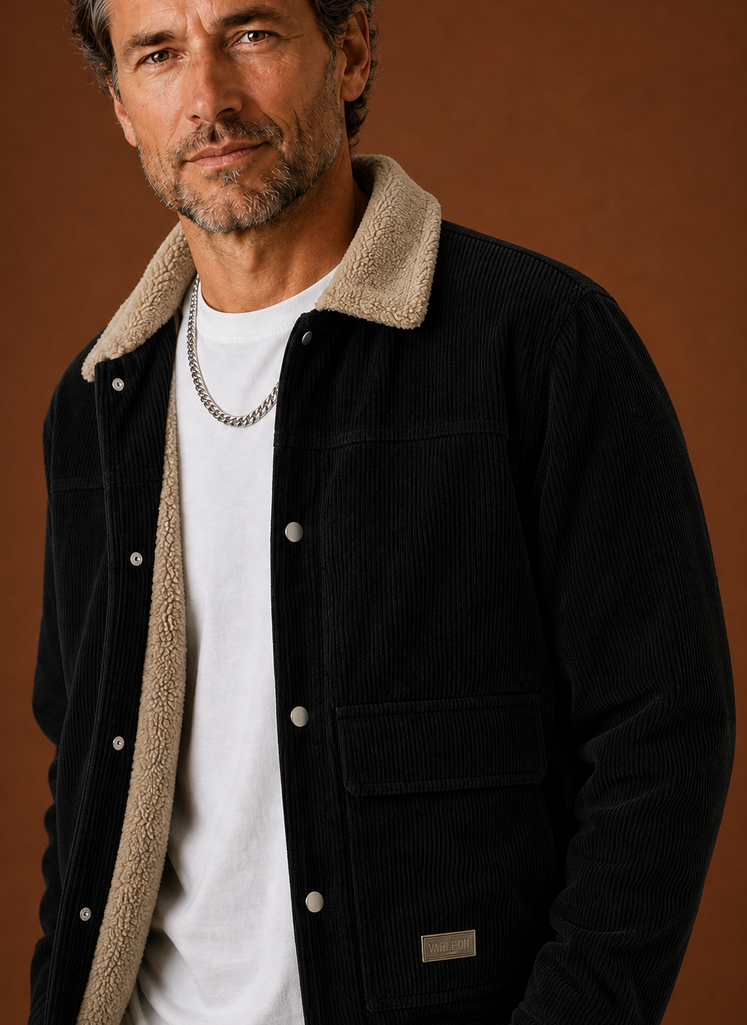 Men's corduroy jacket lined with soft sherpa, perfect for keeping warm in cold weather, featuring a stylish design and practical pockets. 4