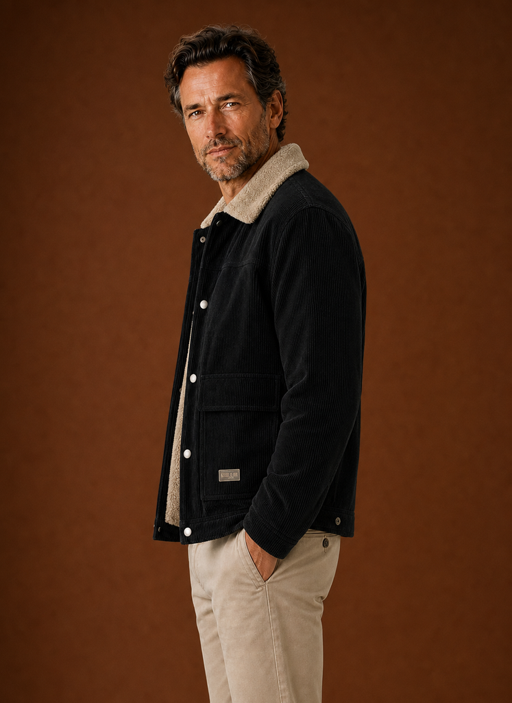 Men's corduroy jacket lined with soft sherpa, perfect for keeping warm in cold weather, featuring a stylish design and practical pockets. 5