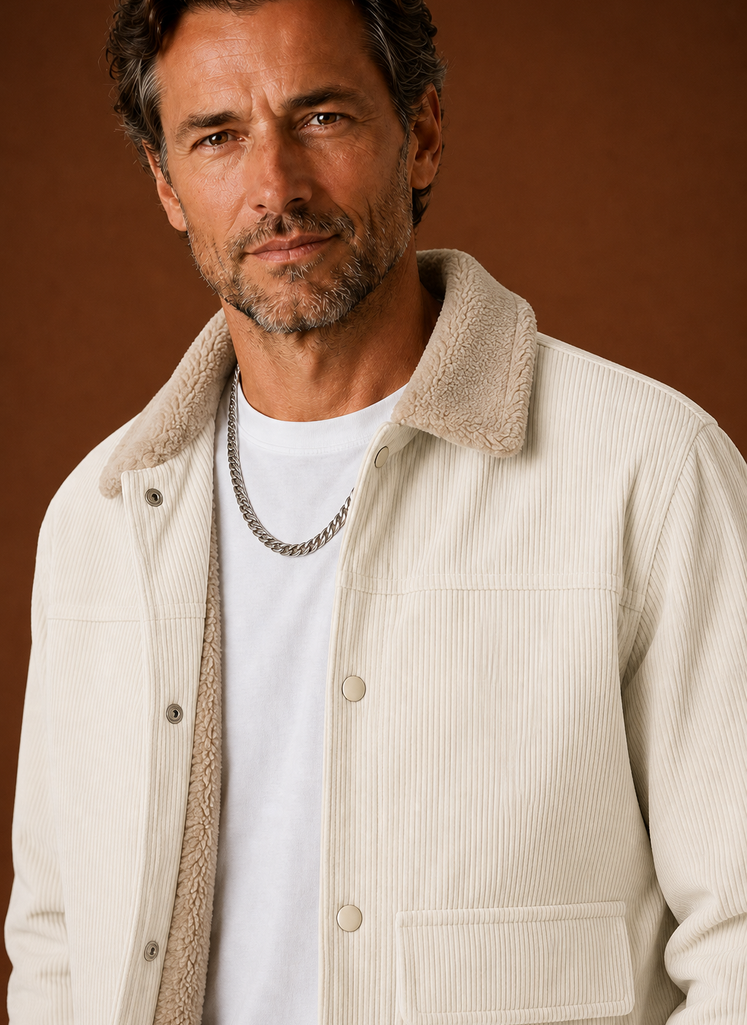 Men's corduroy jacket lined with soft sherpa, perfect for keeping warm in cold weather, featuring a stylish design and practical pockets. 7