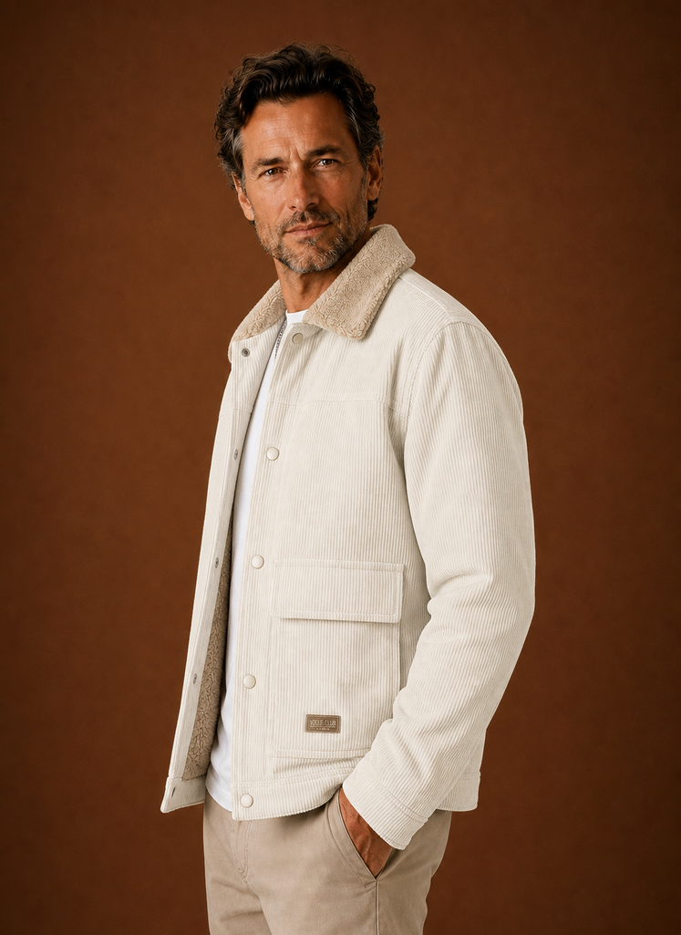Men's corduroy jacket lined with soft sherpa, perfect for keeping warm in cold weather, featuring a stylish design and practical pockets. 8