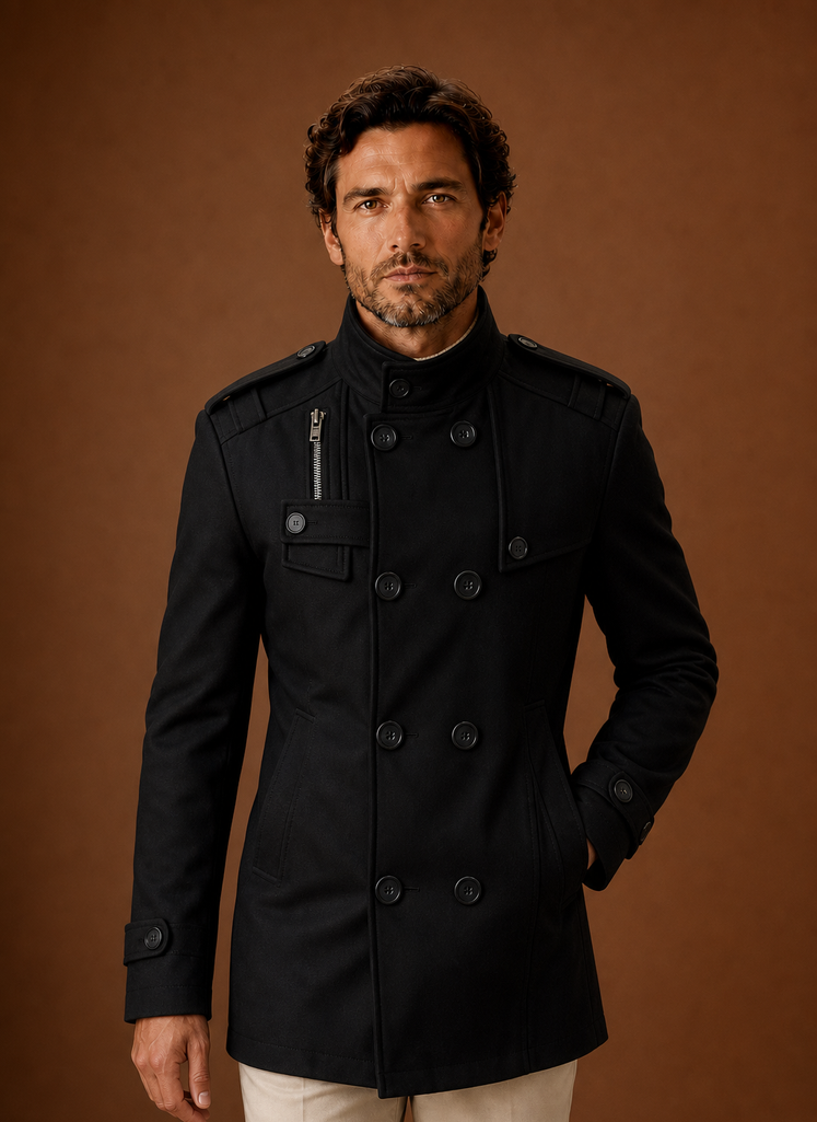 Men's double-breasted overcoat designed for winter layering, featuring a stylish and warm fabric, classic lapels, and a tailored fit, perfect 0