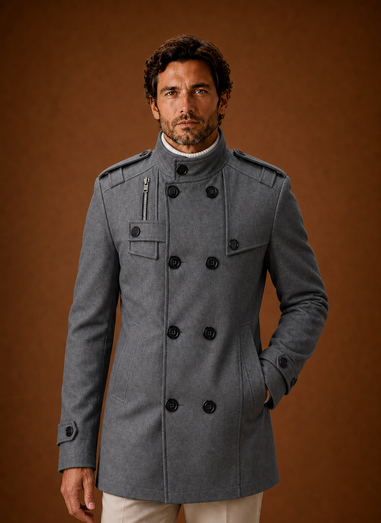 Men's double-breasted overcoat designed for winter layering, featuring a stylish and warm fabric, classic lapels, and a tailored fit, perfect 1