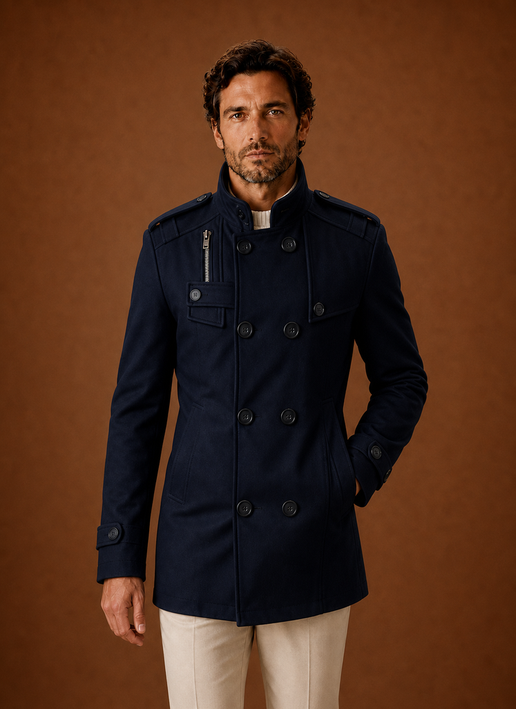 Men's double-breasted overcoat designed for winter layering, featuring a stylish and warm fabric, classic lapels, and a tailored fit, perfect 2