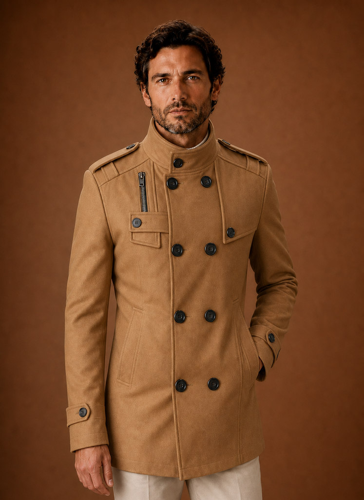 Men's double-breasted overcoat designed for winter layering, featuring a stylish and warm fabric, classic lapels, and a tailored fit, perfect 3