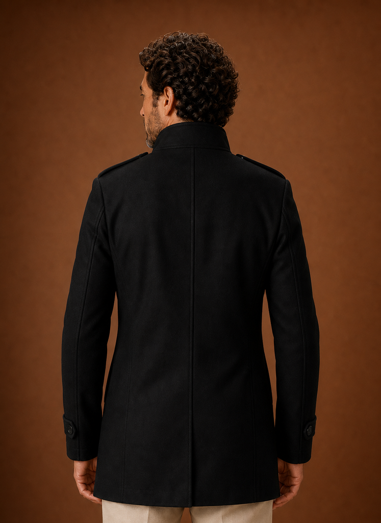 Men's double-breasted overcoat designed for winter layering, featuring a stylish and warm fabric, classic lapels, and a tailored fit, perfect 4