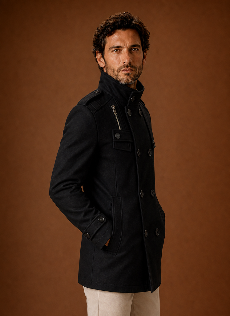 Men's double-breasted overcoat designed for winter layering, featuring a stylish and warm fabric, classic lapels, and a tailored fit, perfect 5
