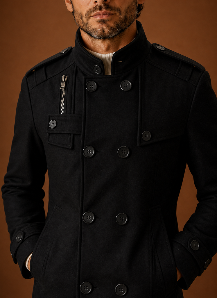 Men's double-breasted overcoat designed for winter layering, featuring a stylish and warm fabric, classic lapels, and a tailored fit, perfect 6