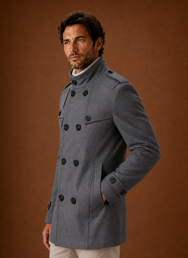 Men's double-breasted overcoat designed for winter layering, featuring a stylish and warm fabric, classic lapels, and a tailored fit, perfect 7