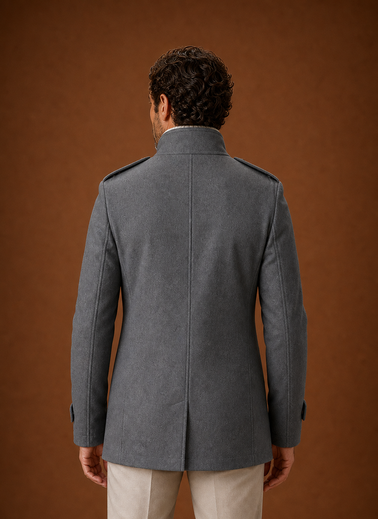 Men's double-breasted overcoat designed for winter layering, featuring a stylish and warm fabric, classic lapels, and a tailored fit, perfect 8