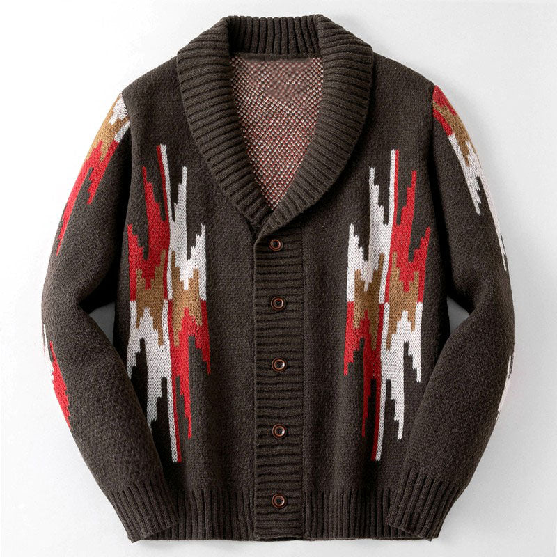 Men's Geometric Jacquard Shawl Collar Cardigan with Relaxed Fit 1