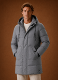 Men's hooded puffer parka jacket for winter featuring a streamlined fit, designed for warmth and style in cold weather. 0