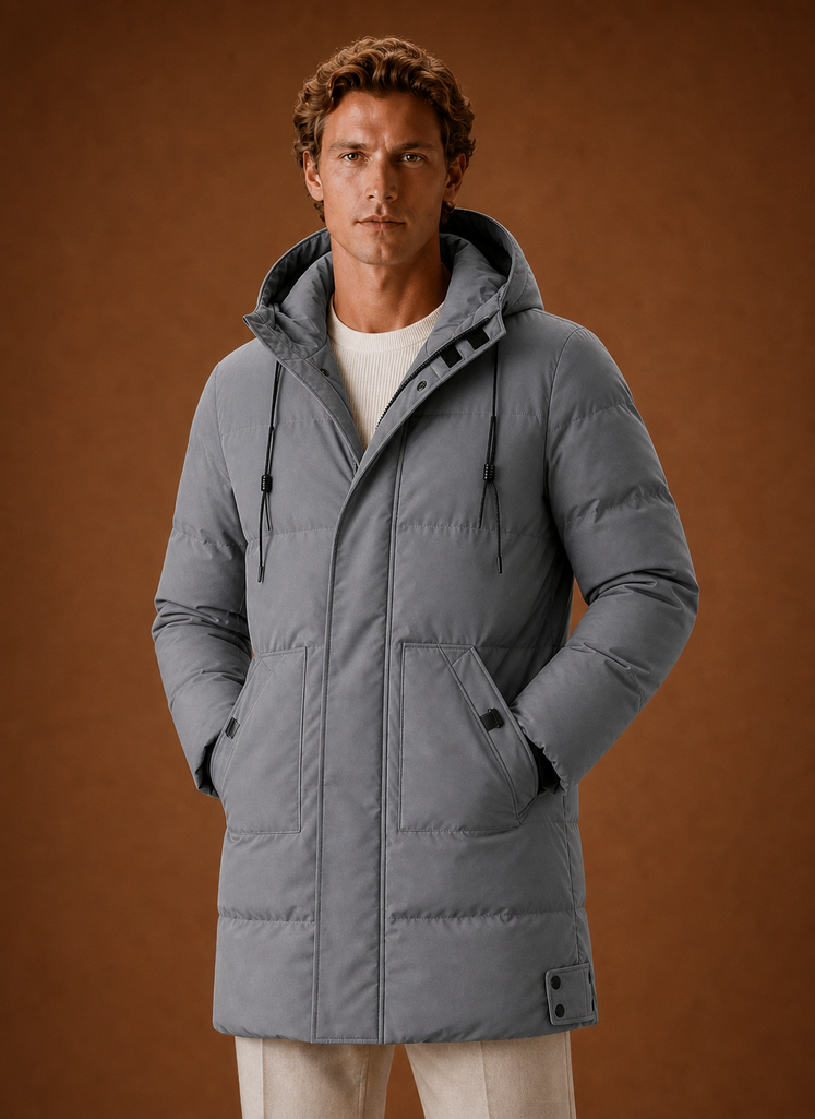 Men's hooded puffer parka jacket for winter featuring a streamlined fit, designed for warmth and style in cold weather. 0