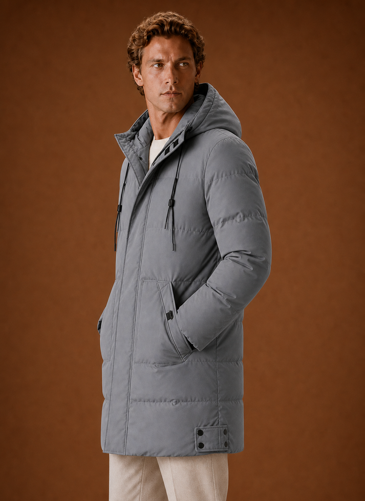 Men's hooded puffer parka jacket for winter featuring a streamlined fit, designed for warmth and style in cold weather. 1