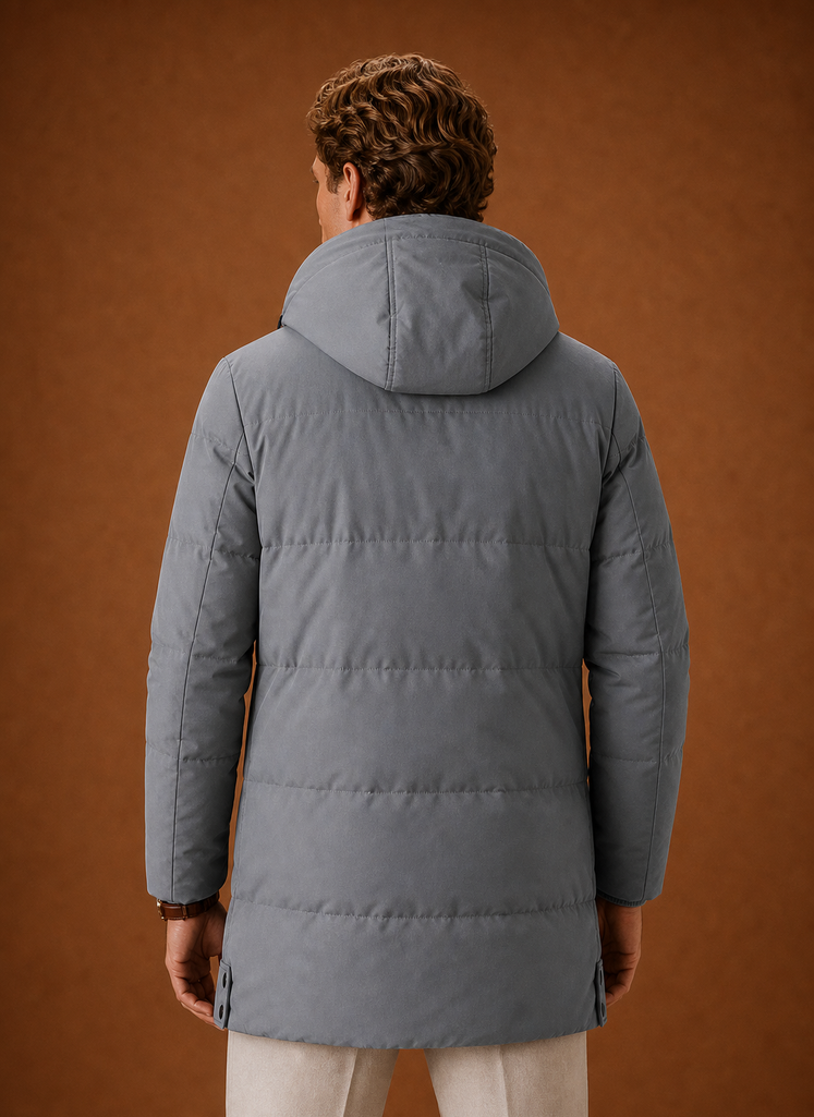 Men's hooded puffer parka jacket for winter featuring a streamlined fit, designed for warmth and style in cold weather. 2