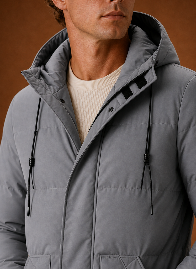 Men's hooded puffer parka jacket for winter featuring a streamlined fit, designed for warmth and style in cold weather. 3