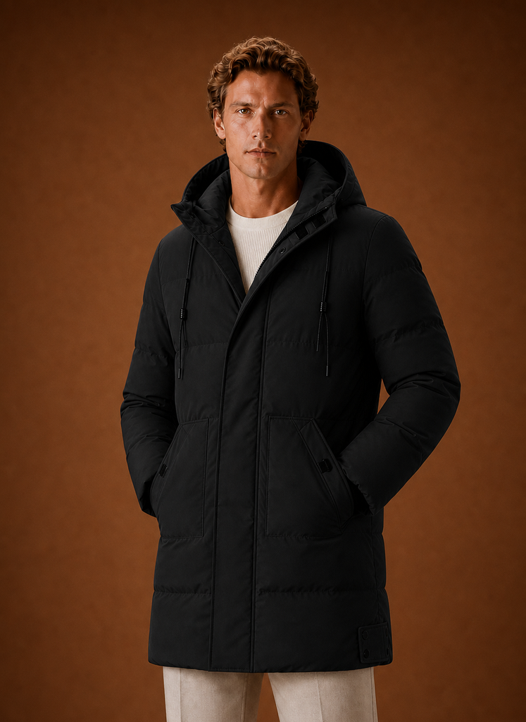 Men's hooded puffer parka jacket for winter featuring a streamlined fit, designed for warmth and style in cold weather. 4