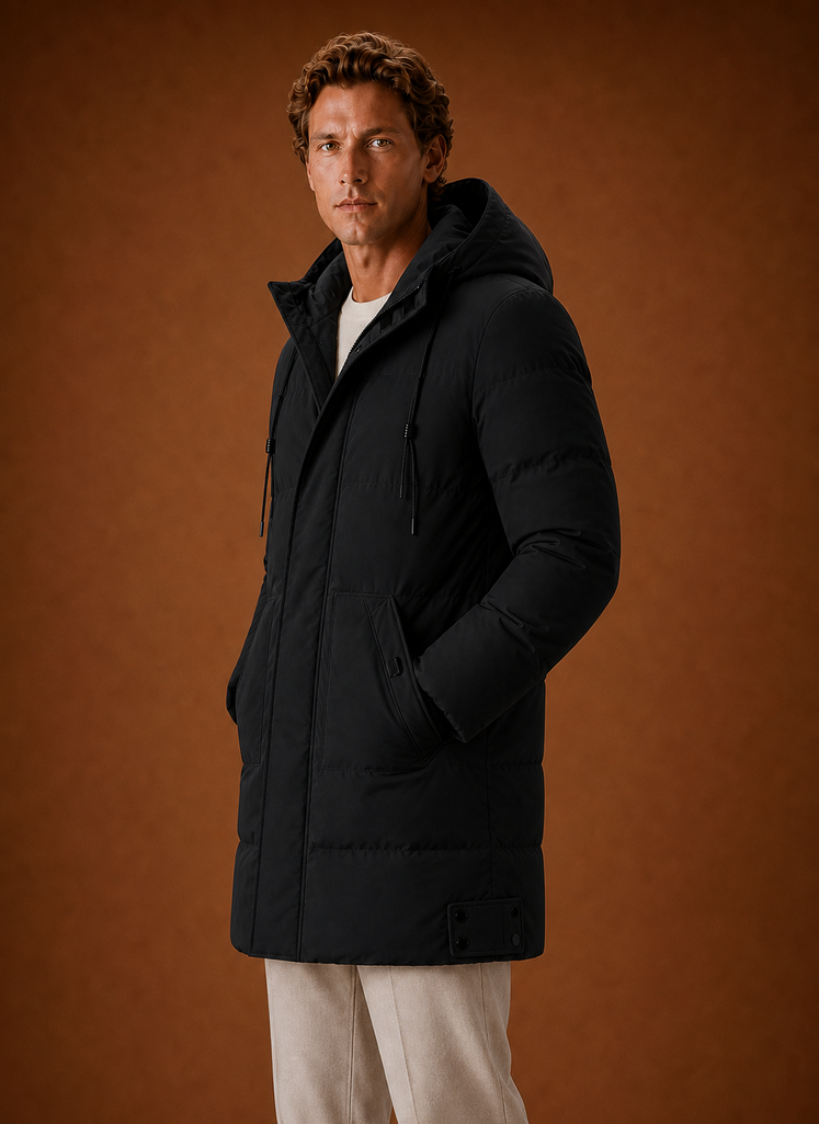 Men's hooded puffer parka jacket for winter featuring a streamlined fit, designed for warmth and style in cold weather. 5