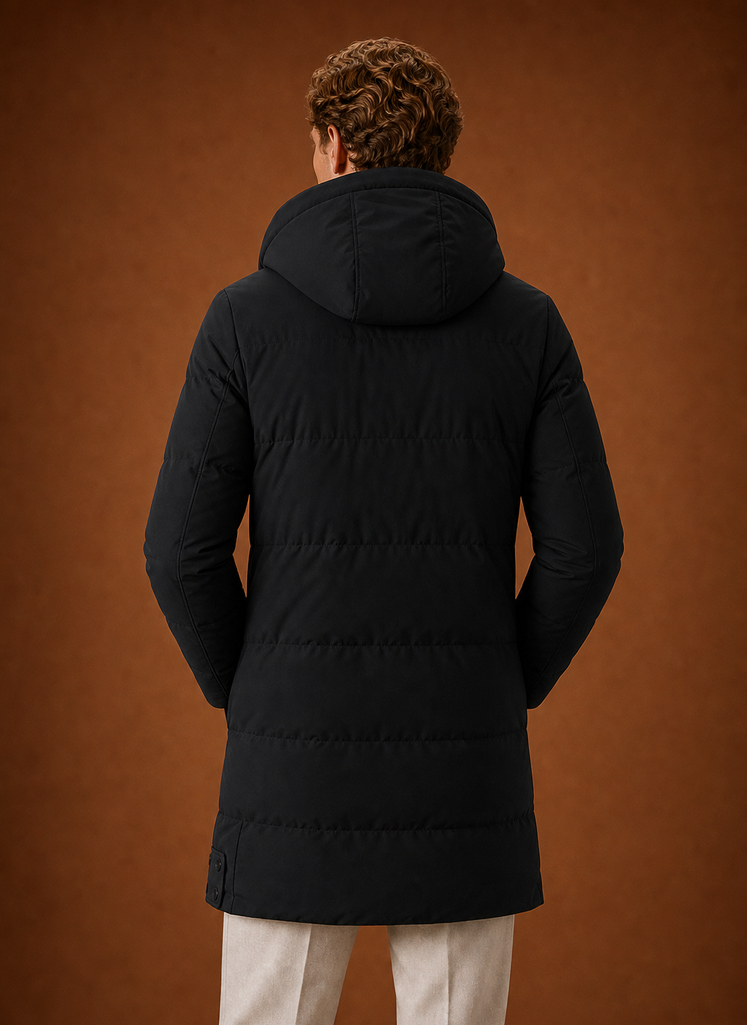 Men's hooded puffer parka jacket for winter featuring a streamlined fit, designed for warmth and style in cold weather. 6