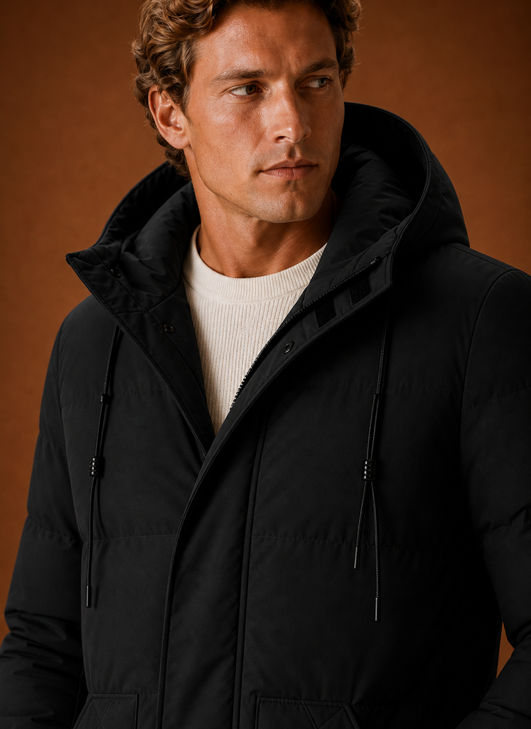 Men's hooded puffer parka jacket for winter featuring a streamlined fit, designed for warmth and style in cold weather. 7