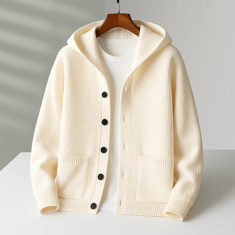 Men's Hooded Ribbed Wool-Blend Cardigan with Button Closure 0