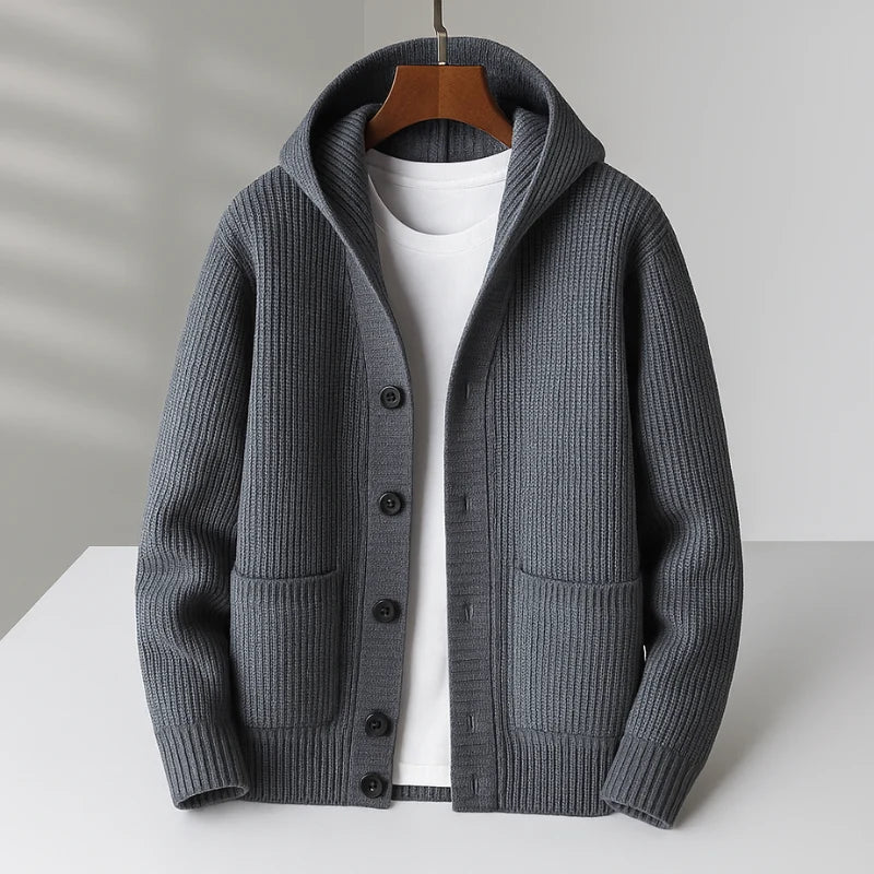 Men's Hooded Ribbed Wool-Blend Cardigan with Button Closure 1