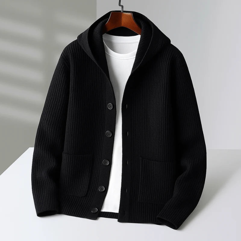 Men's Hooded Ribbed Wool-Blend Cardigan with Button Closure 2