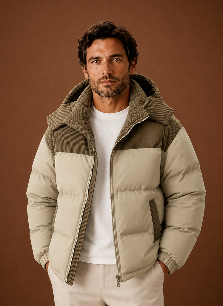 Men's hooded winter puffer jacket featuring a stylish corduroy collar, perfect for cold weather and outdoor activities. 0
