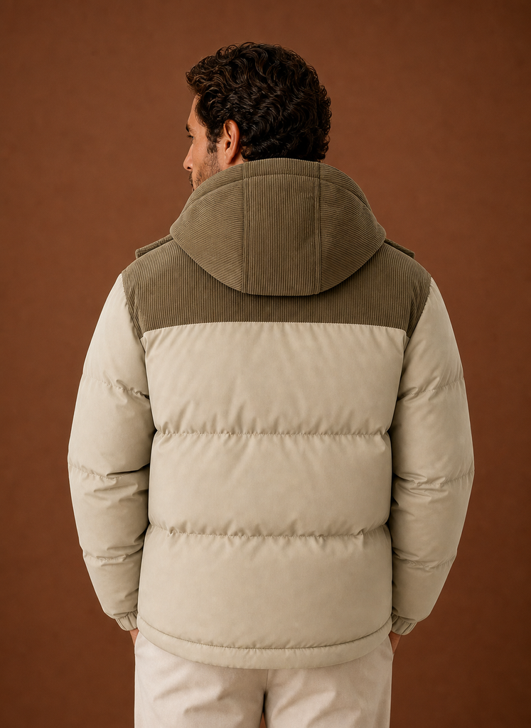 Men's hooded winter puffer jacket featuring a stylish corduroy collar, perfect for cold weather and outdoor activities. 1