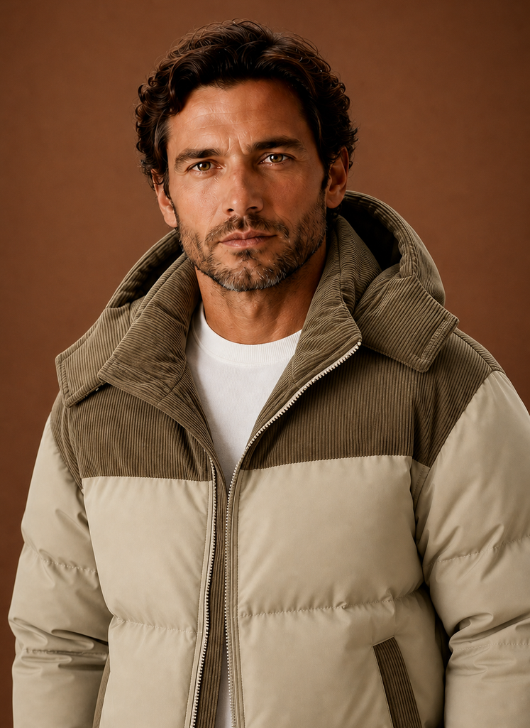 Men's hooded winter puffer jacket featuring a stylish corduroy collar, perfect for cold weather and outdoor activities. 2