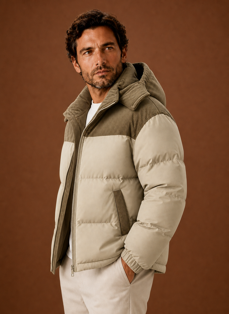 Men's hooded winter puffer jacket featuring a stylish corduroy collar, perfect for cold weather and outdoor activities. 3