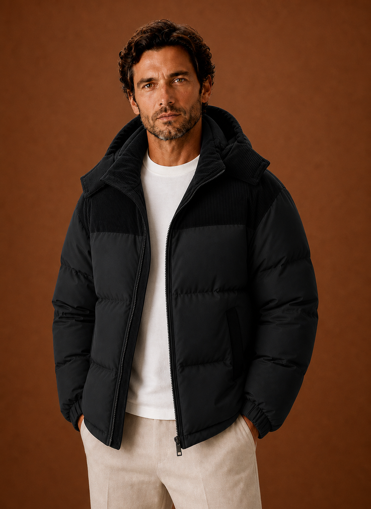 Men's hooded winter puffer jacket featuring a stylish corduroy collar, perfect for cold weather and outdoor activities. 4