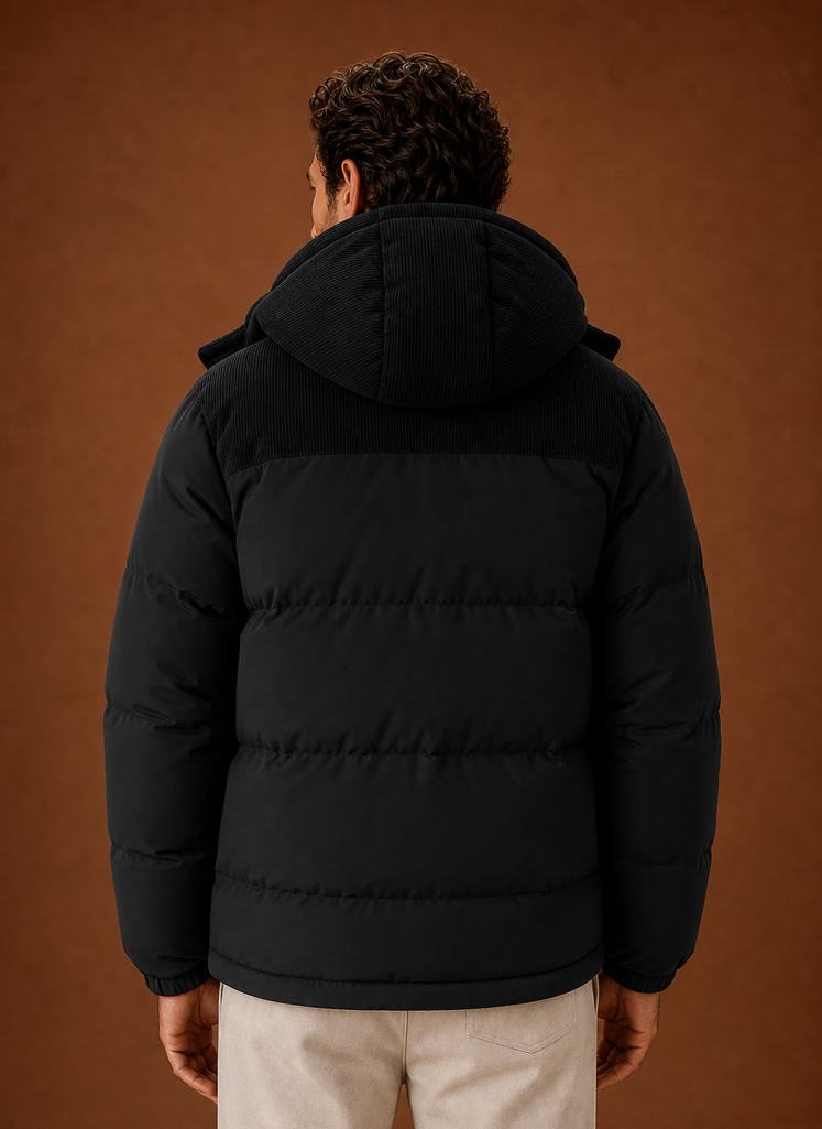 Men's hooded winter puffer jacket featuring a stylish corduroy collar, perfect for cold weather and outdoor activities. 5