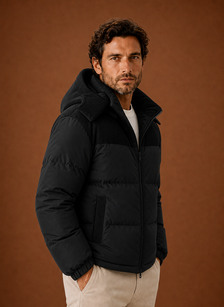 Men's hooded winter puffer jacket featuring a stylish corduroy collar, perfect for cold weather and outdoor activities. 6