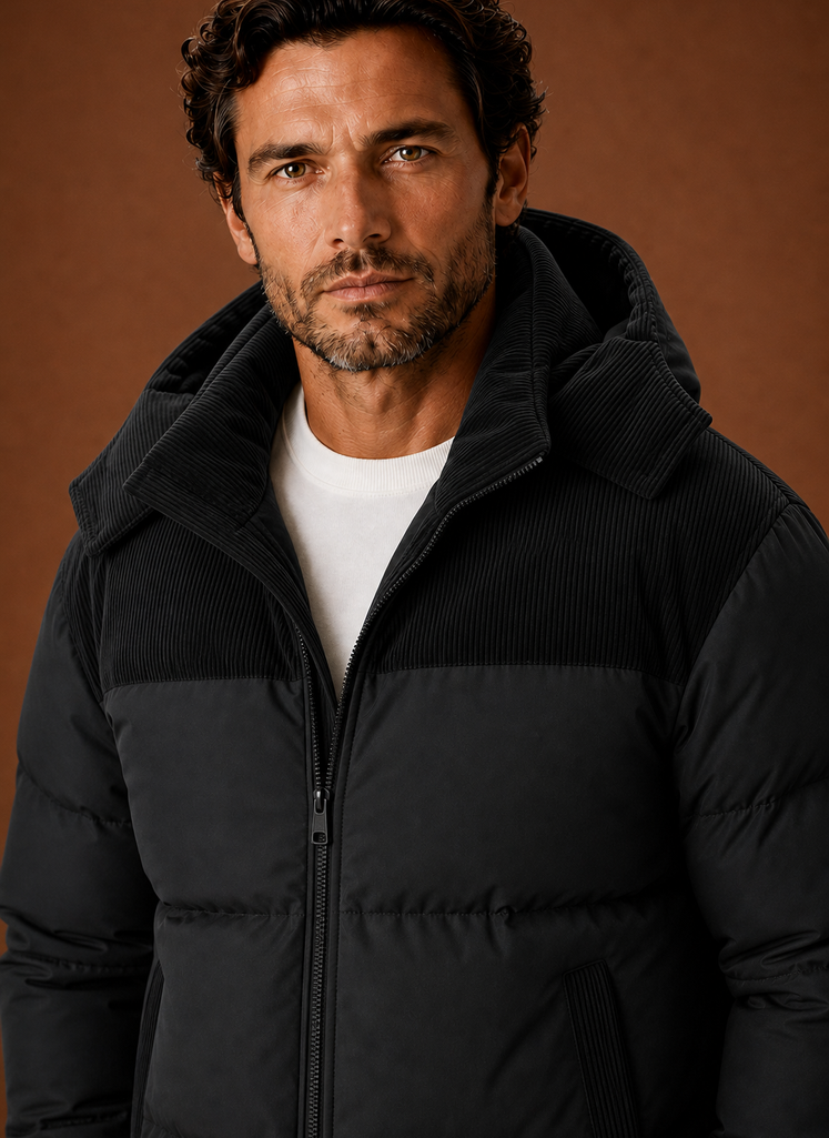 Men's hooded winter puffer jacket featuring a stylish corduroy collar, perfect for cold weather and outdoor activities. 7