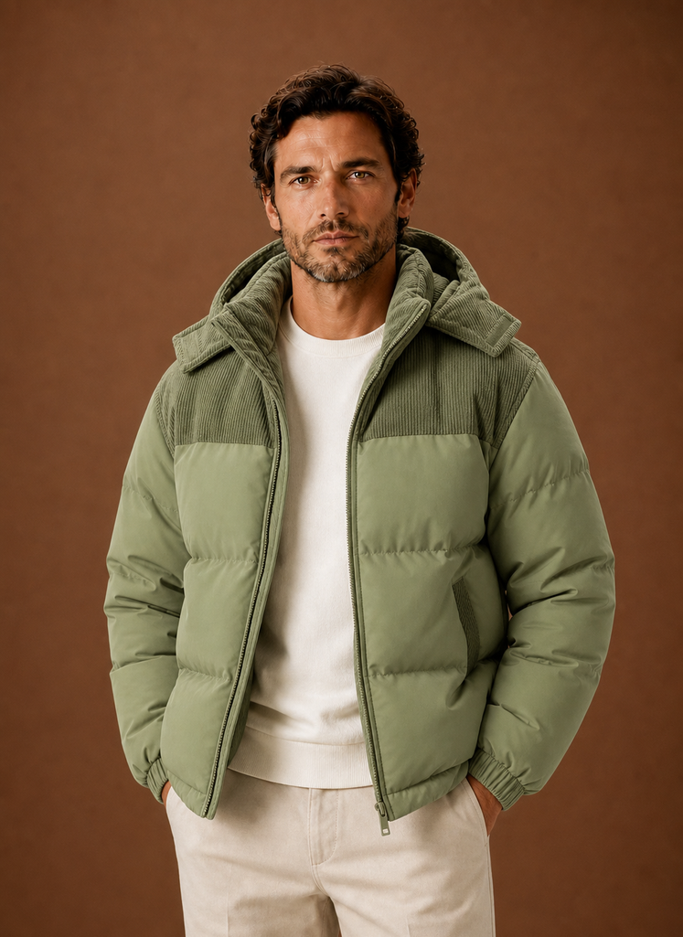 Men's hooded winter puffer jacket featuring a stylish corduroy collar, perfect for cold weather and outdoor activities. 8