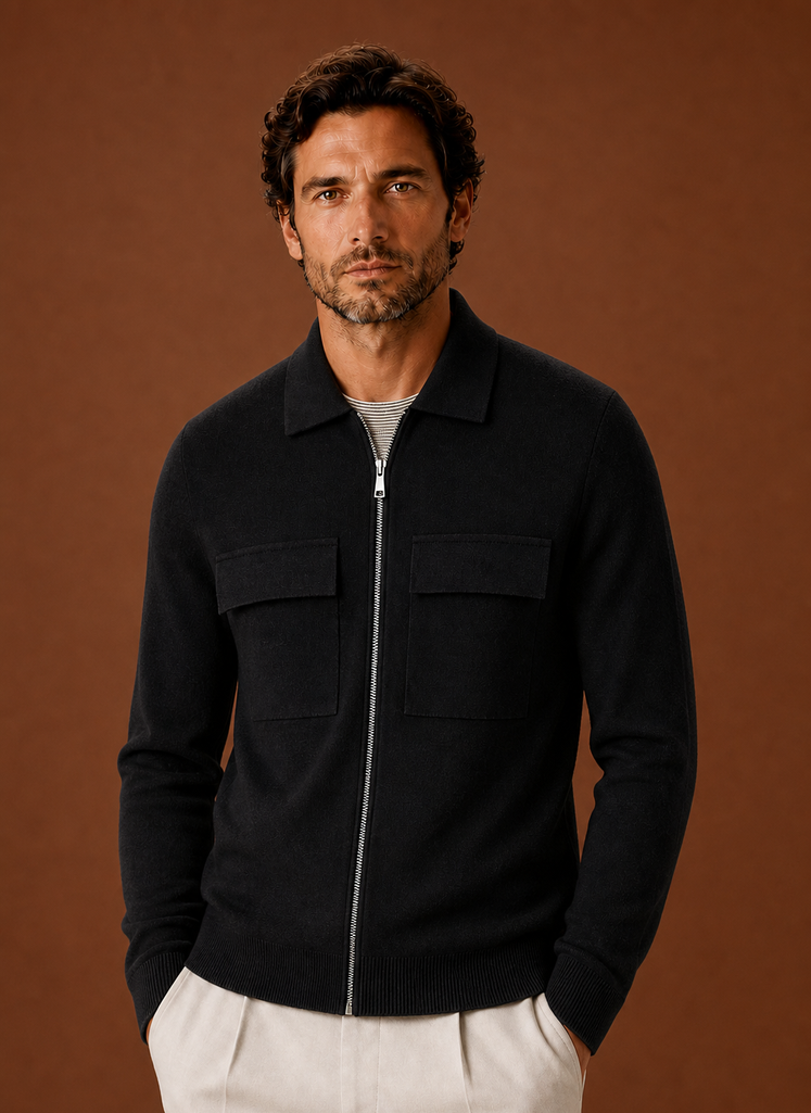 Men's knit full-zip overshirt in a stylish design featuring chest pockets, perfect for smart casual wear. 0