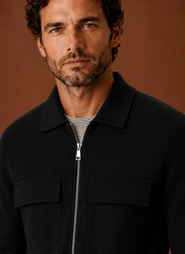 Men's knit full-zip overshirt in a stylish design featuring chest pockets, perfect for smart casual wear. 1